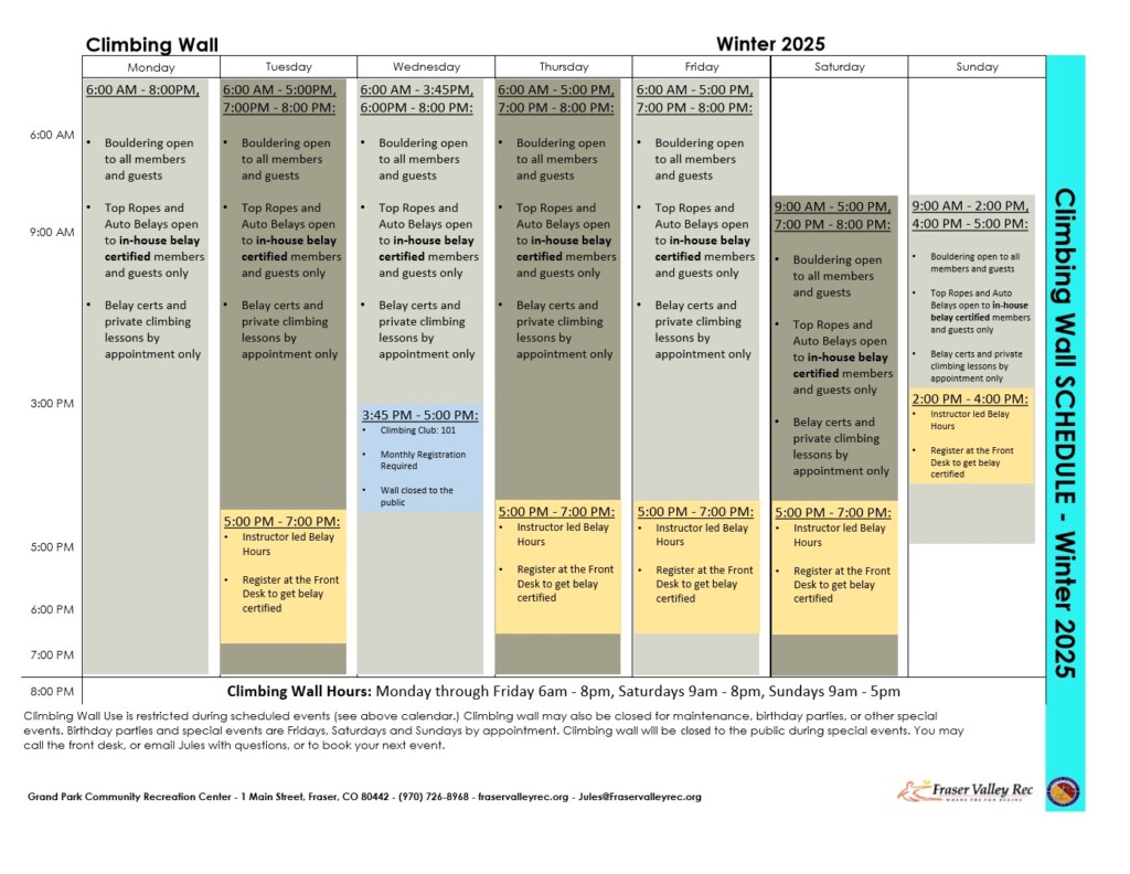 Winter 2025 climbing wall schedule