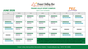 June 2026 Fraser Valley Sports Complex sport court schedule showing pickleball, open court hours, Fraser Valley Lawn Club activities, and private event reservations.