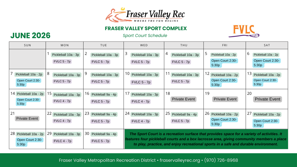 June 2026 Fraser Valley Sports Complex sport court schedule showing pickleball, open court hours, Fraser Valley Lawn Club activities, and private event reservations.