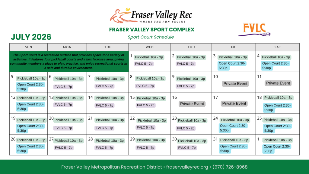 July 2026 Fraser Valley Sports Complex sport court schedule showing pickleball, open court hours, Fraser Valley Lawn Club activities, and private event reservations.