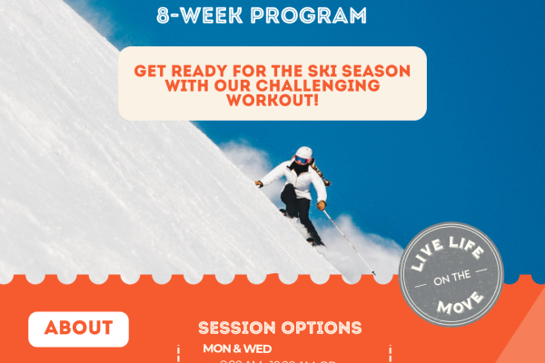 Ski Conditioning 8-Week Program flyer featuring a skier on a mountain slope with registration information, session options, pricing, and a September 7, 2026 start date.