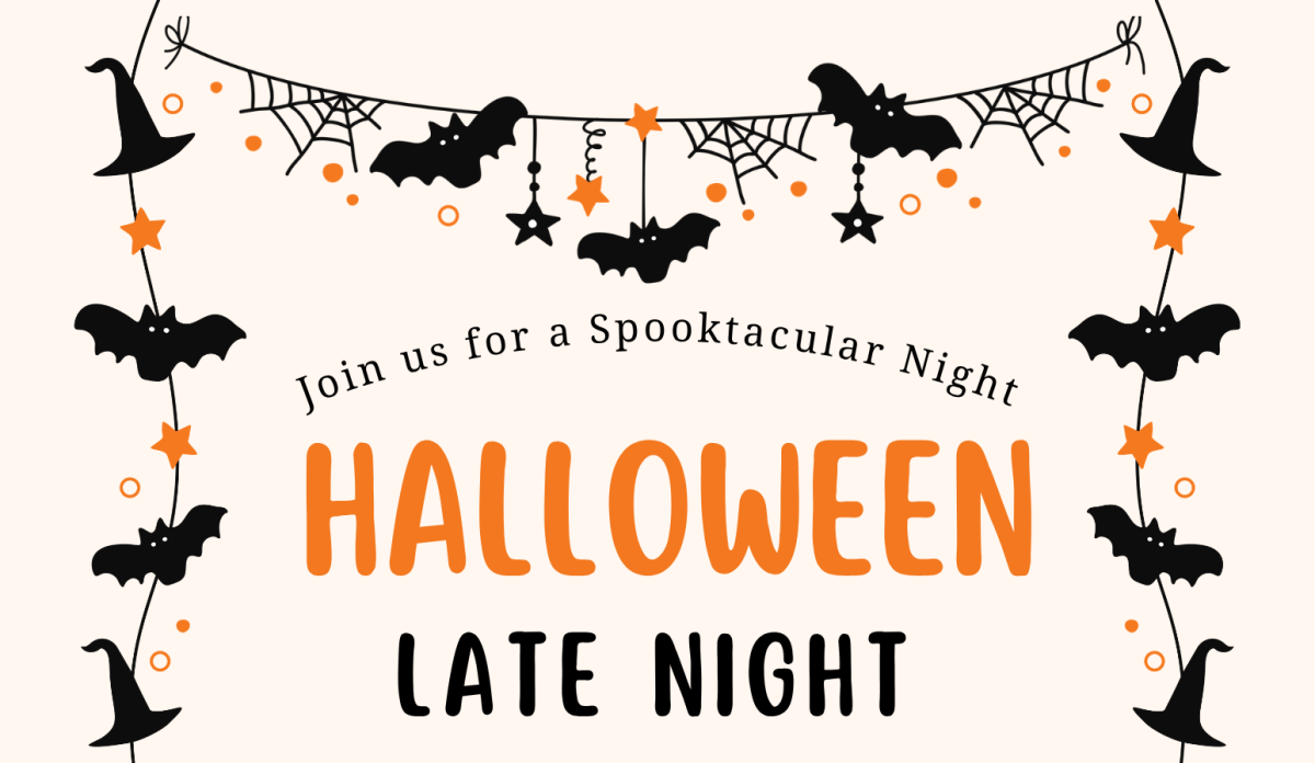 Halloween Late Night flyer for October 30 featuring games, swimming, a costume contest, haunted hallway, movies, and pizza for ages 5–12.