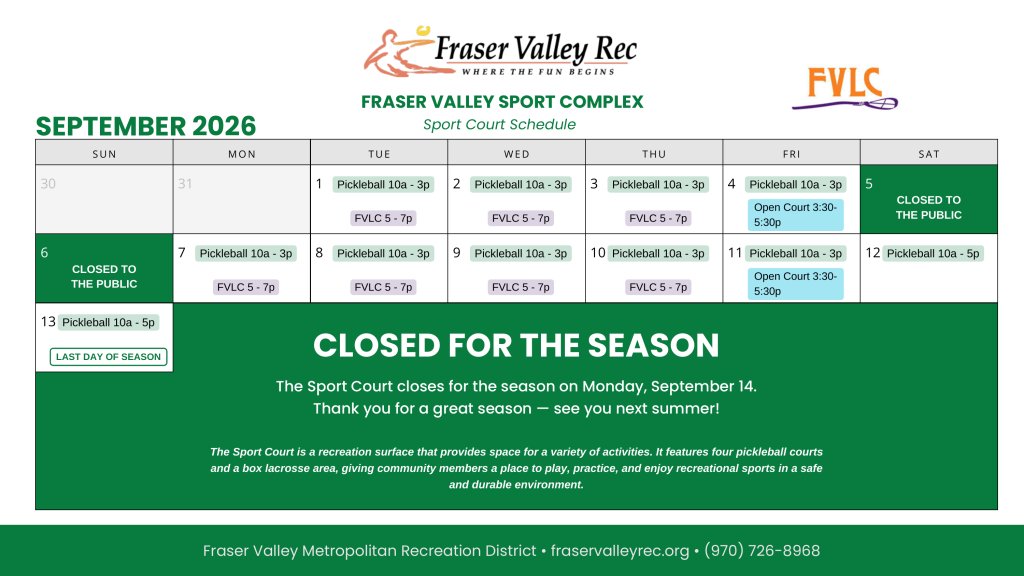 September2026 Fraser Valley Sports Complex sport court schedule showing pickleball, open court hours, Fraser Valley Lawn Club activities, and private event reservations.