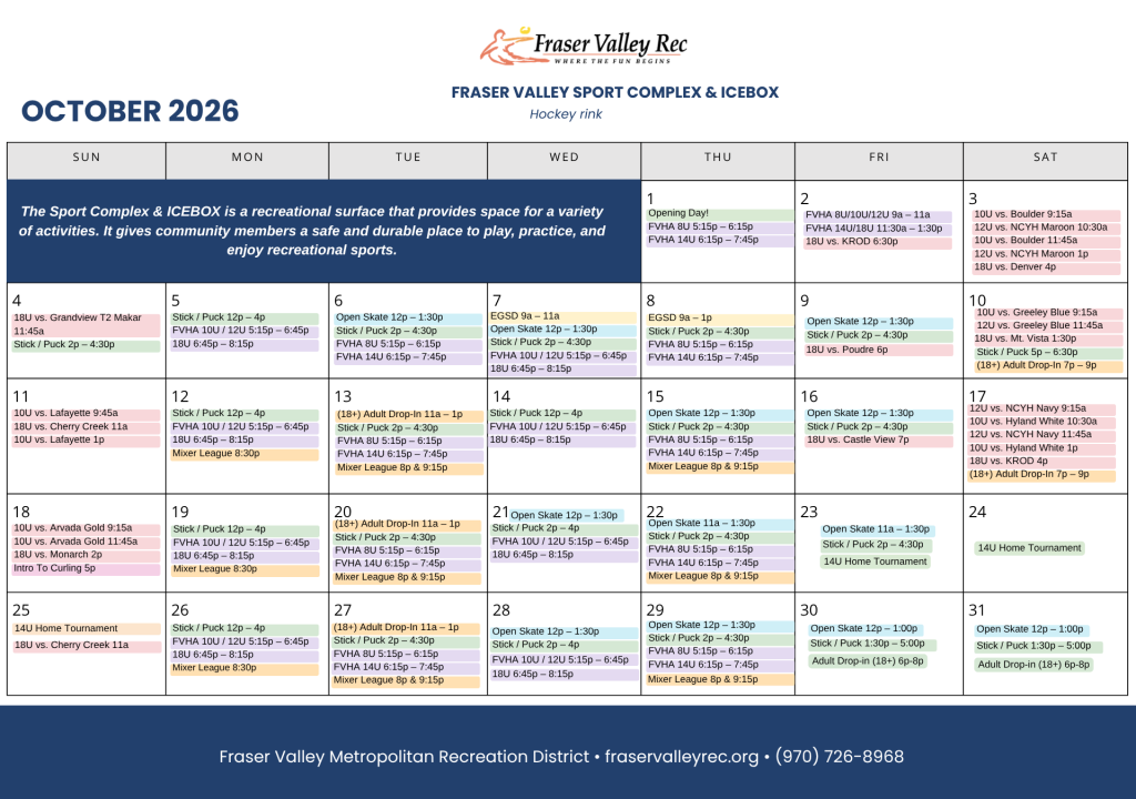 October 2026 Fraser Valley Sports Complex & Icebox schedule featuring hockey games, practices, open ice hours, hockey club activities, and private event reservations.